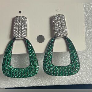 Triange Dangle Earrings Green and Silver Brand New